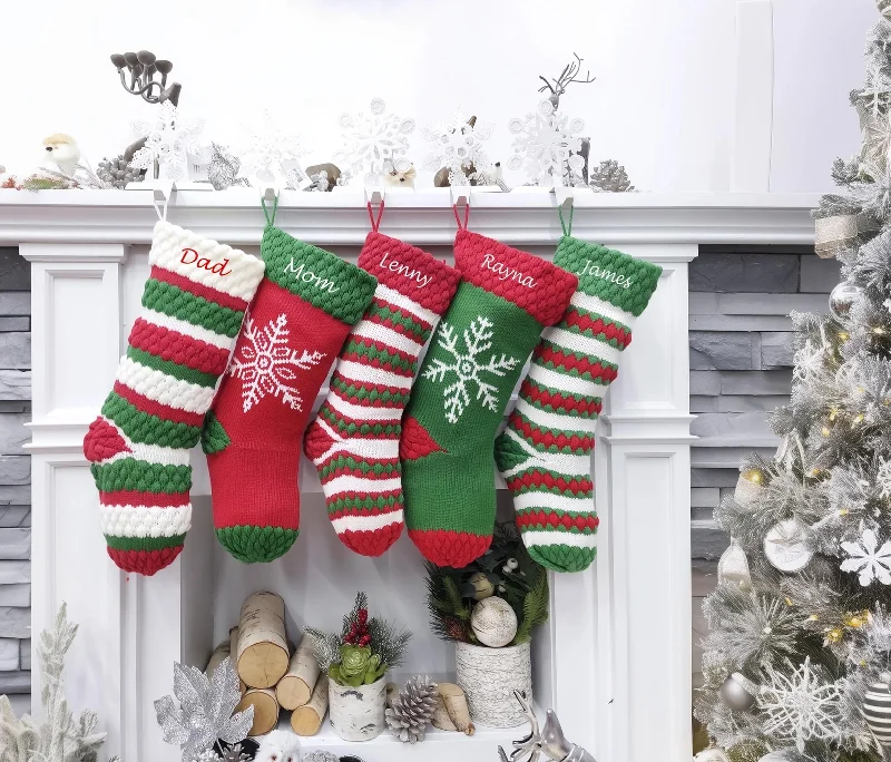 Christmas Fireplace Mantel Knitted Striped Snowflake Christmas Stockings | Whimsy Candy Cane Style Festive Red Green White Xmas Decor Personalized Embroidery Name Christmas Fireplace Mantel Knitted Striped Snowflake Christmas Stockings | Whimsy Candy Cane Style Festive Red Green White Xmas Decor Personalized Embroidery Name