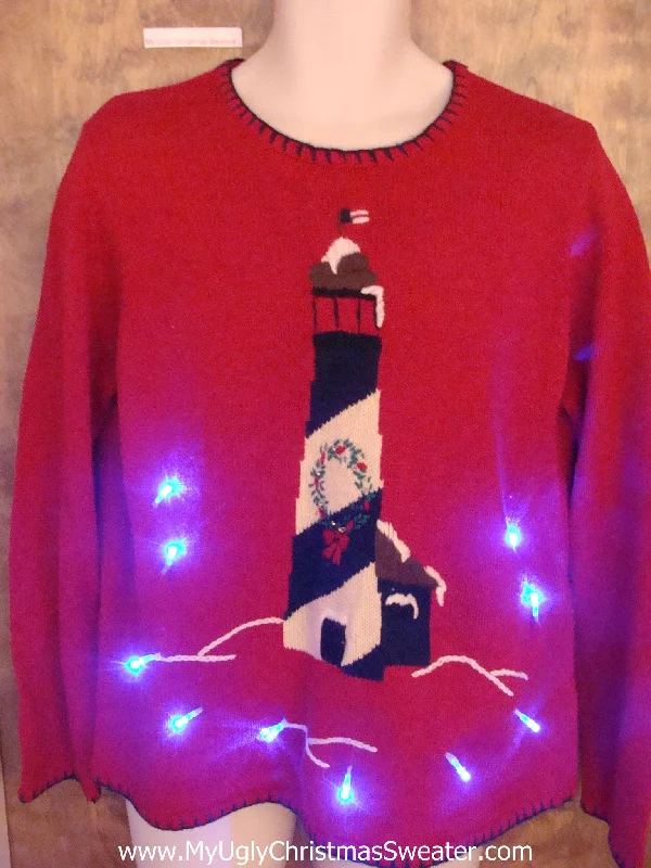Christmas Starry Night Lighthouse Beach Themed Light Up Ugly Xmas Sweater