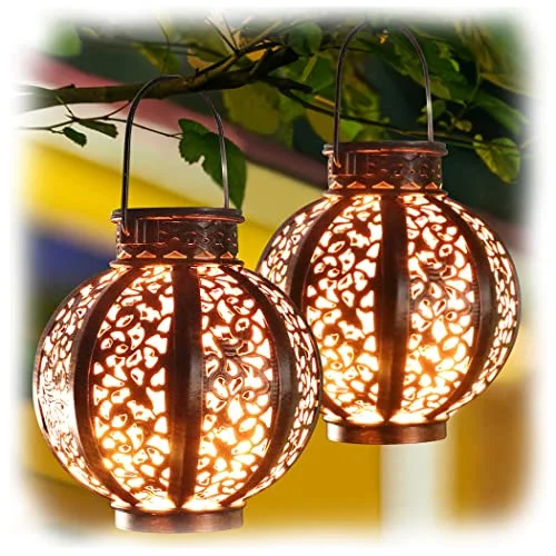 Christmas Caroling 2 Pack Hanging Solar Lights,Outdoor Ramadan Solar Lanterns Decorations,Waterproof Hanging Solar Light 6 Lumens,Brown