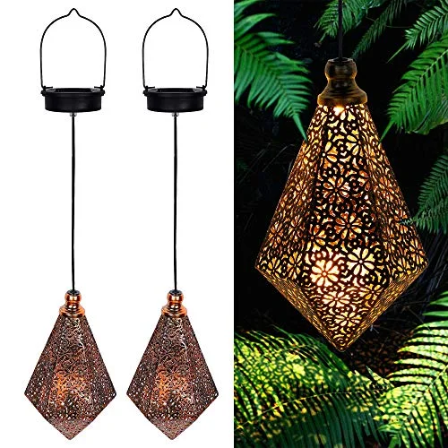 Christmas Fireplace Mantel 2 Pack Solar Hanging Lights, Solar Powered Retro Lantern with Handle, Warm White LED Christmas Garden Lights, Metal Diamond Shape Lamp Waterproof for Outdoor for Yard Tree Fence Patio