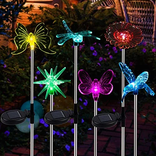 Christmas Pine Tree 6 Pack Outdoor Solar Figurine Lights, Solar Powered Garden Stake Light, Color Changing LED Landscape Lighting, Sparkling Star Flower Hummingbird Butterfly Dragonfly Bee for Patio Yard Pathway