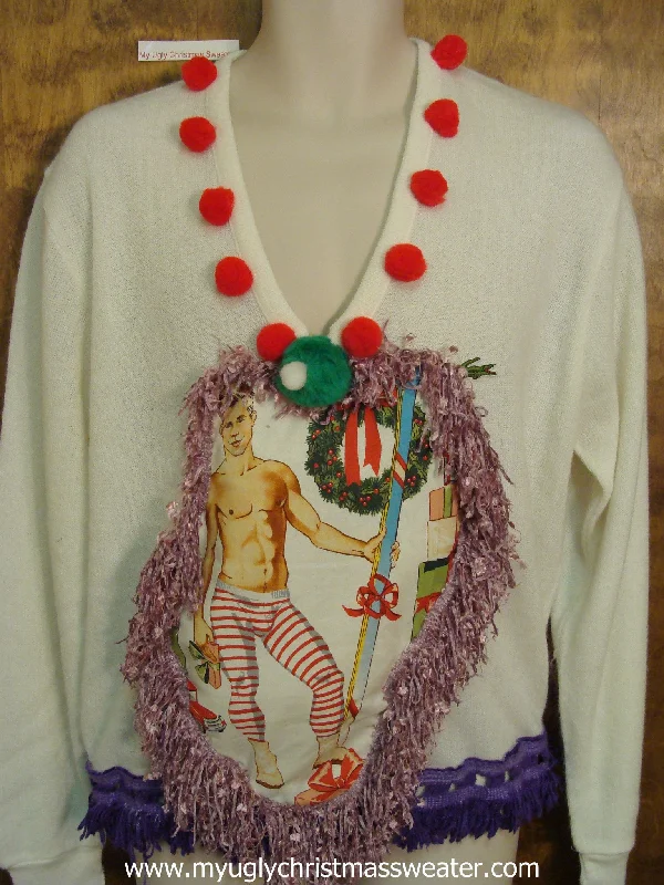 Christmas Peppermint Treats Mens Hottie Guy Ugly Christmas Sweater Pullover with Fluffy Fringe