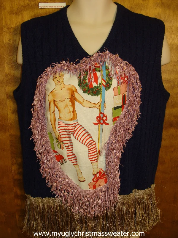 Christmas Gingerbread House Mens Hottie Guy Ugly Christmas Sweater Vest with Super Fringe Christmas Gingerbread House Mens Hottie Guy Ugly Christmas Sweater Vest with Super Fringe