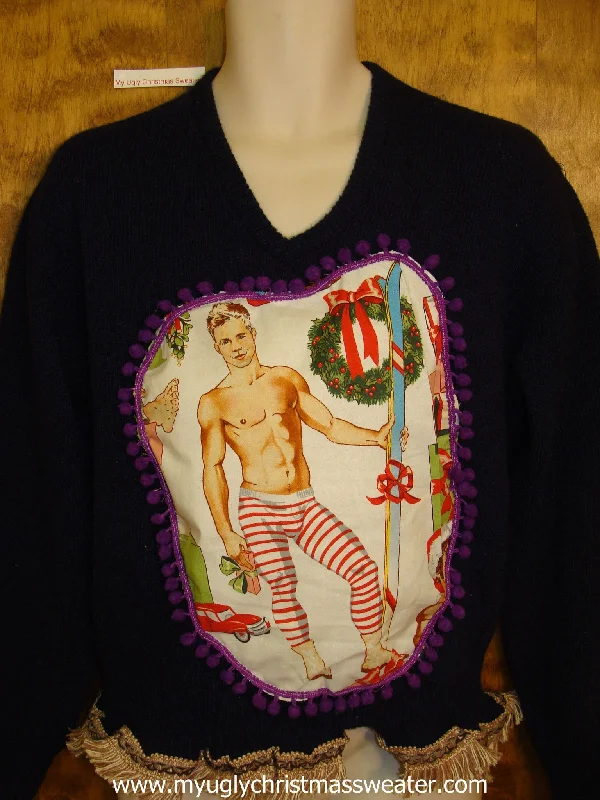 Christmas Santa Sleigh Mens Ski Themed Hottie Guy Ugly Christmas Sweater Pullover
