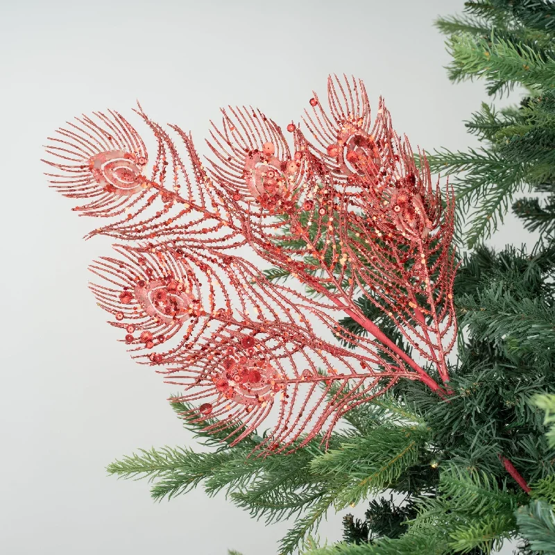 Christmas Church Service Merry Red Peacock Feather Tree Pick with Glitter