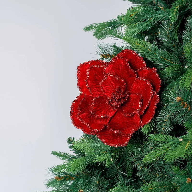 Christmas Centerpiece Metallic Red Magnolia Flower Pick