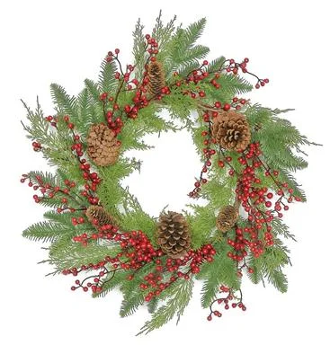Christmas Beautiful Lights NURSERY GREENERY WREATH WITH CONE & BERRY, 24"; PE, GREEN/RED