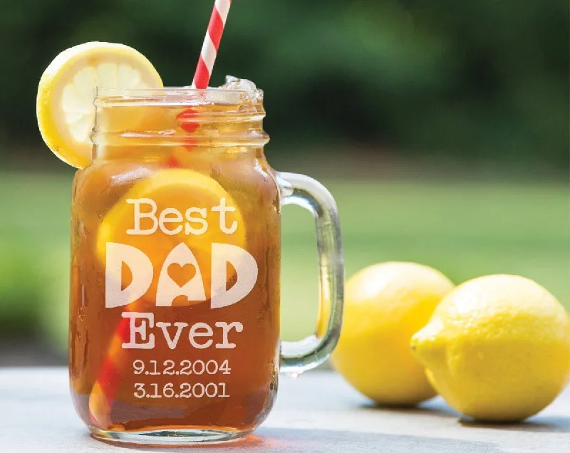 Snowy Christmas ONE 16 Oz LOVE Dad Best Dad Ever w/ Dates Engraved Glass Mug Mason Jar Personalized for Fathers Day Birthday Daddy Christmas Gifts