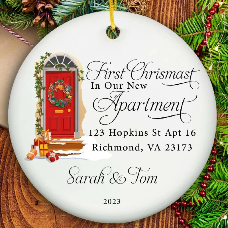 Christmas Gift Wrapping Our First Apartment Ornament Personalized - Ceramic