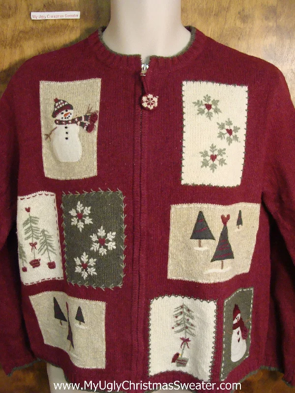 Christmas Bells Patchwork Snowman Scenes Cute Holiday Sweater