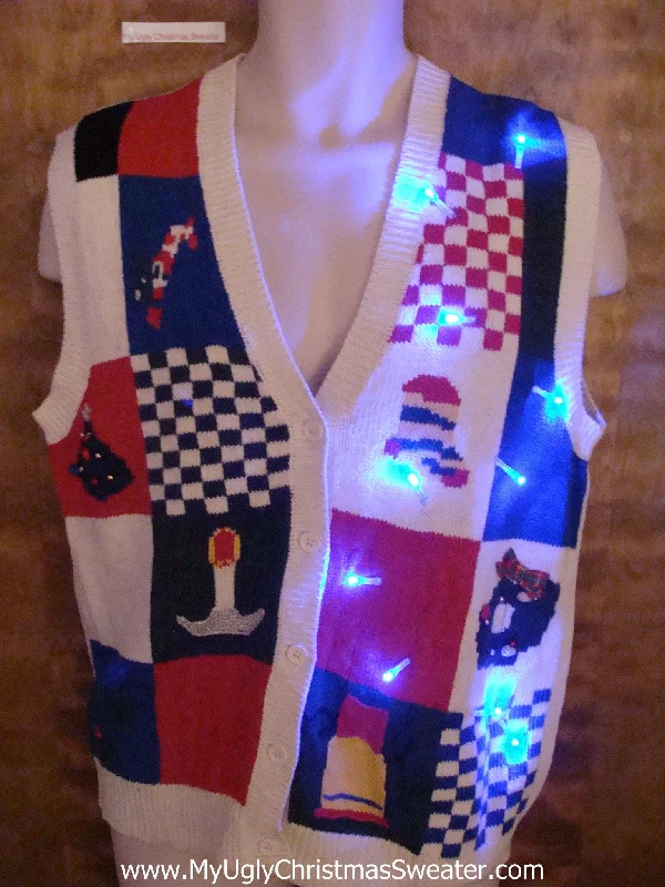 Christmas Pajamas Patriotic Checkerboard Light Up Ugly Christmas Jumper