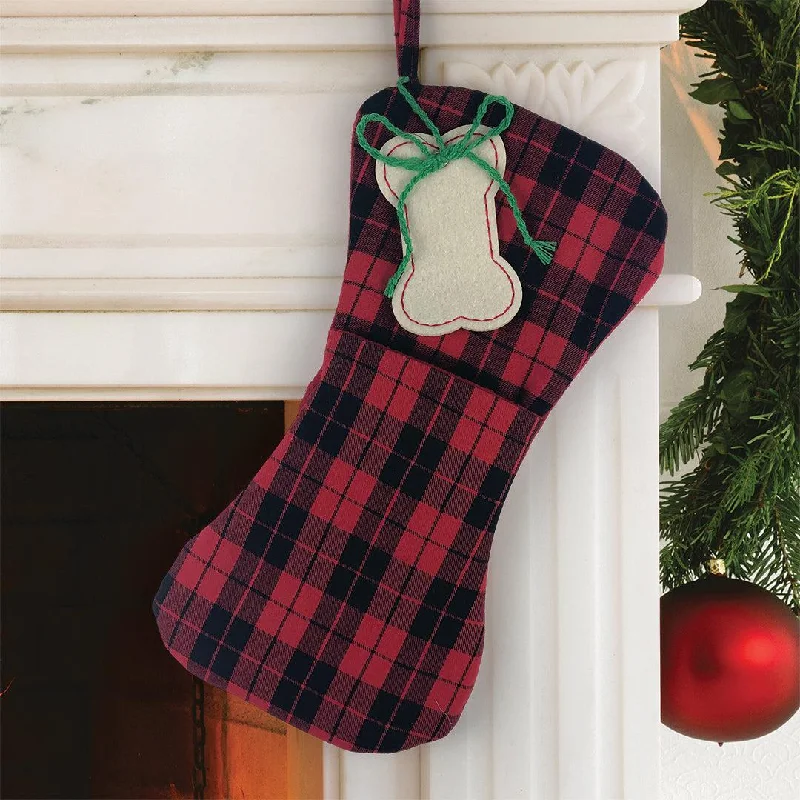 Christmas Joy Plaid Bone 17" Pet Stocking Red