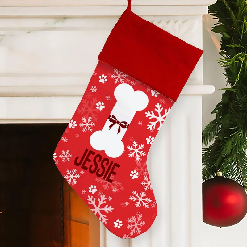Christmas Pine Garland Personalized Dog Bone with Snowflakes Christmas Stocking