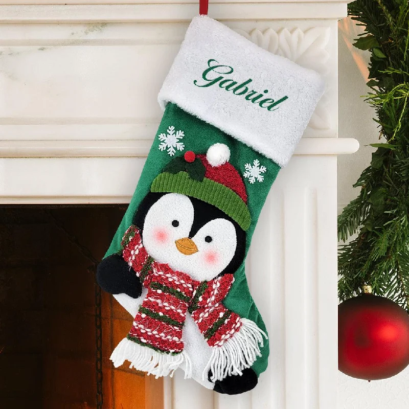Christmas Handmade Decorations Personalized Kelly Green Thread Penguin Stocking