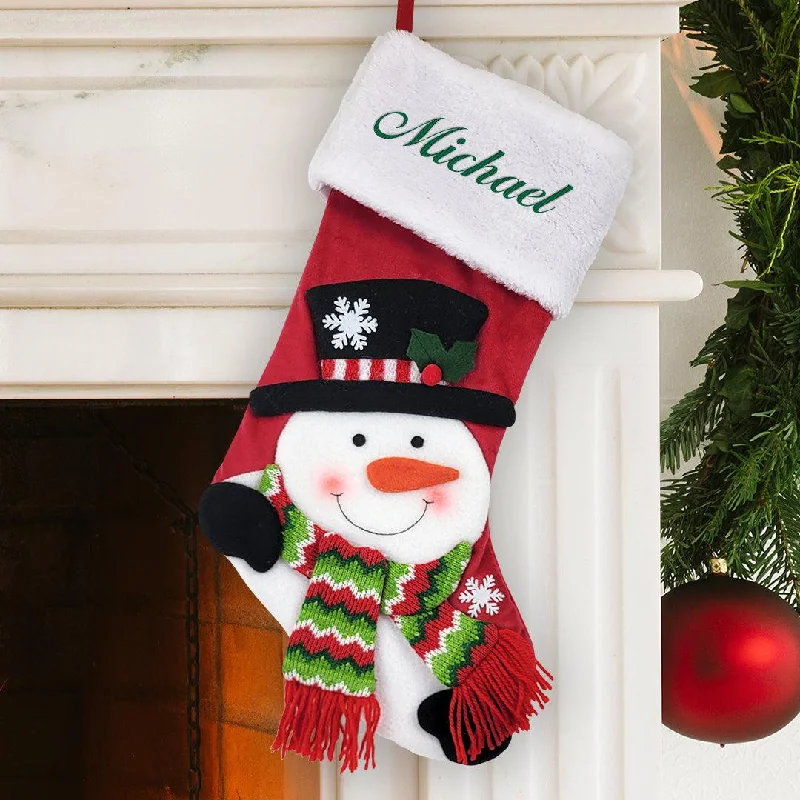 Christmas Snowy Pathways Personalized Kelly Green Thread Snowman Stocking