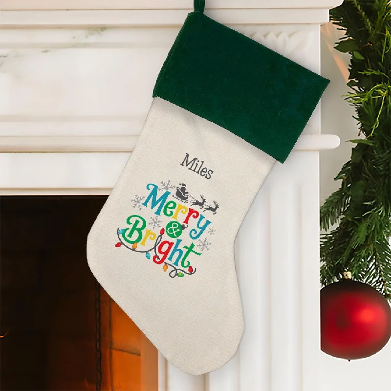 Christmas Day Personalized Merry and Bright Green Cuff Stocking
