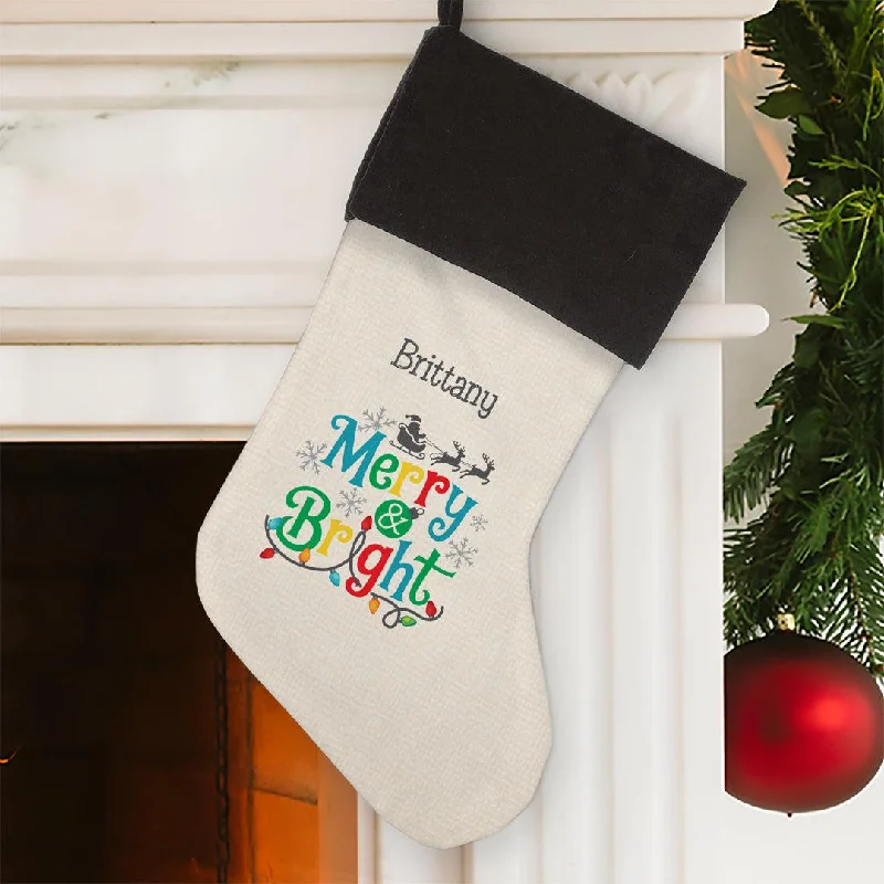 Christmas Eve Personalized Merry and Bright Grey Cuff Stocking