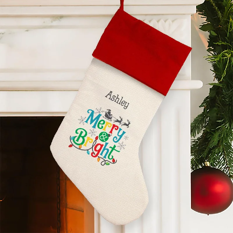 Holiday Season Personalized Merry and Bright Red Cuff Stocking