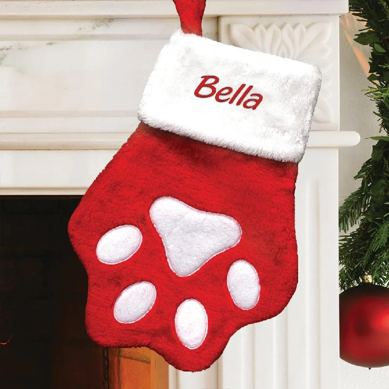 Christmas Tree Glitter Personalized Paw Print Velvet Stocking