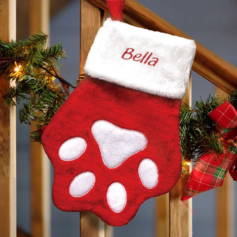 Christmas Centerpiece Personalized Paw Print Velvet Stocking