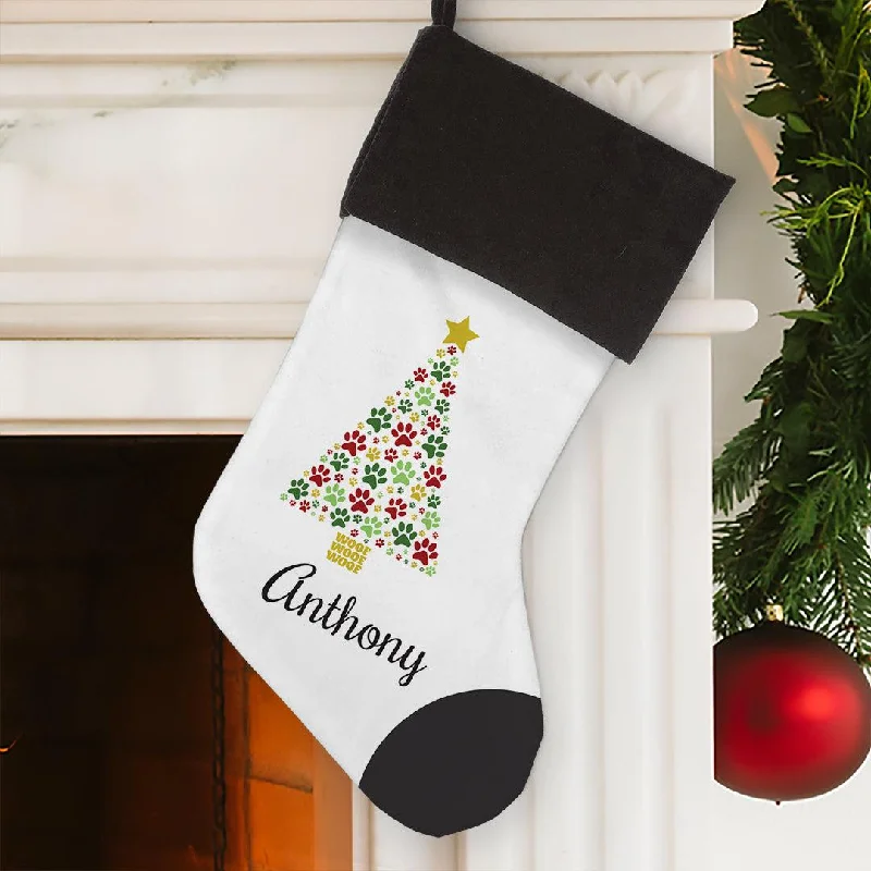 Christmas Gift Ideas Personalized Paws Christmas Tree Stocking with Grey Cuff