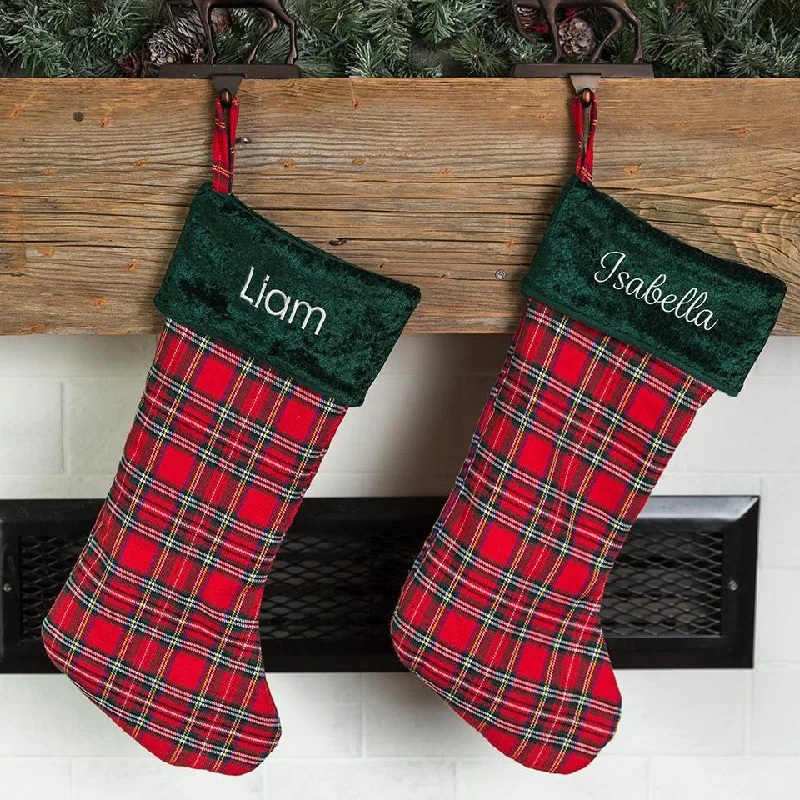 Christmas Hot Chocolate Personalized Green & Red Plaid Christmas Stockings