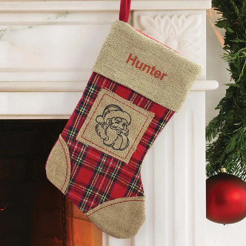 Snowy Christmas Personalized Red Thread Burlap Santa Stocking