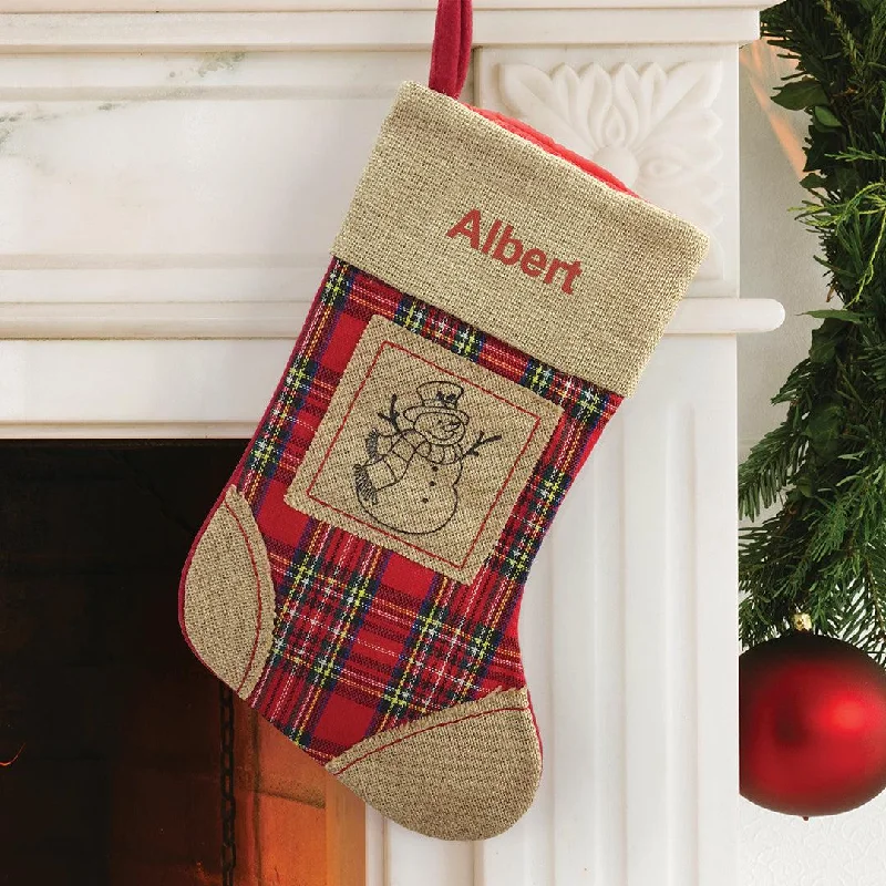 Christmas Dinner Personalized Red Thread Burlap Snowman Stocking