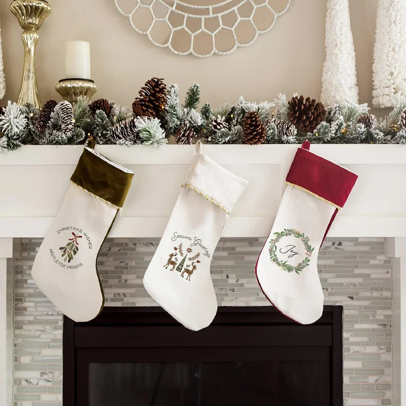 Christmas Lights Display Personalized Cream Velvet Trimmed Christmas Stockings