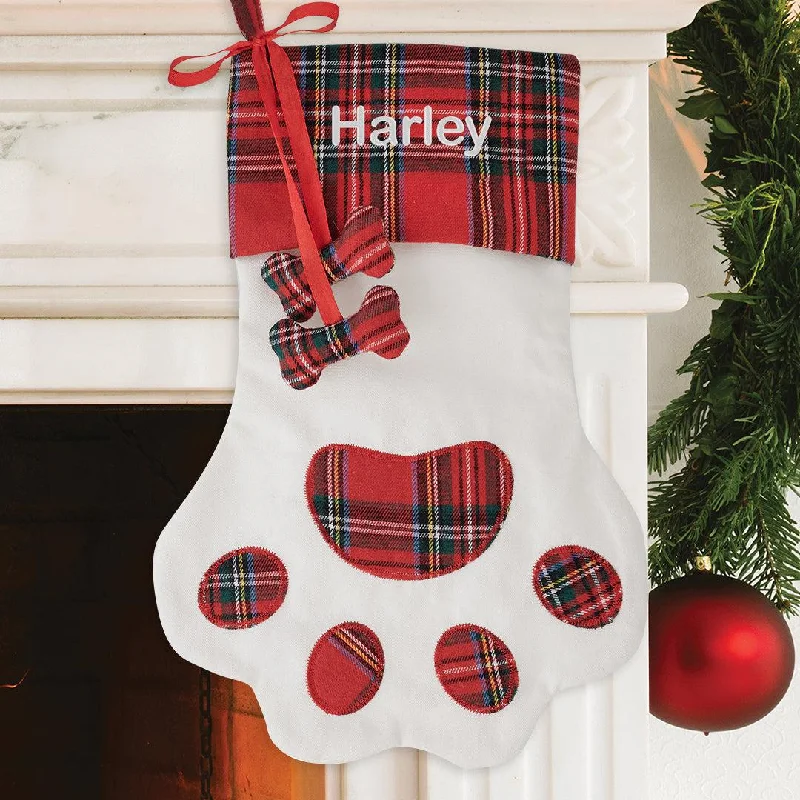 Christmas Bells Personalized White Plaid Paw Stocking