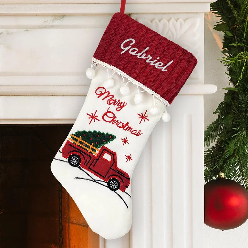 Christmas Holiday Songs Personalized White Thread Red Truck Stocking