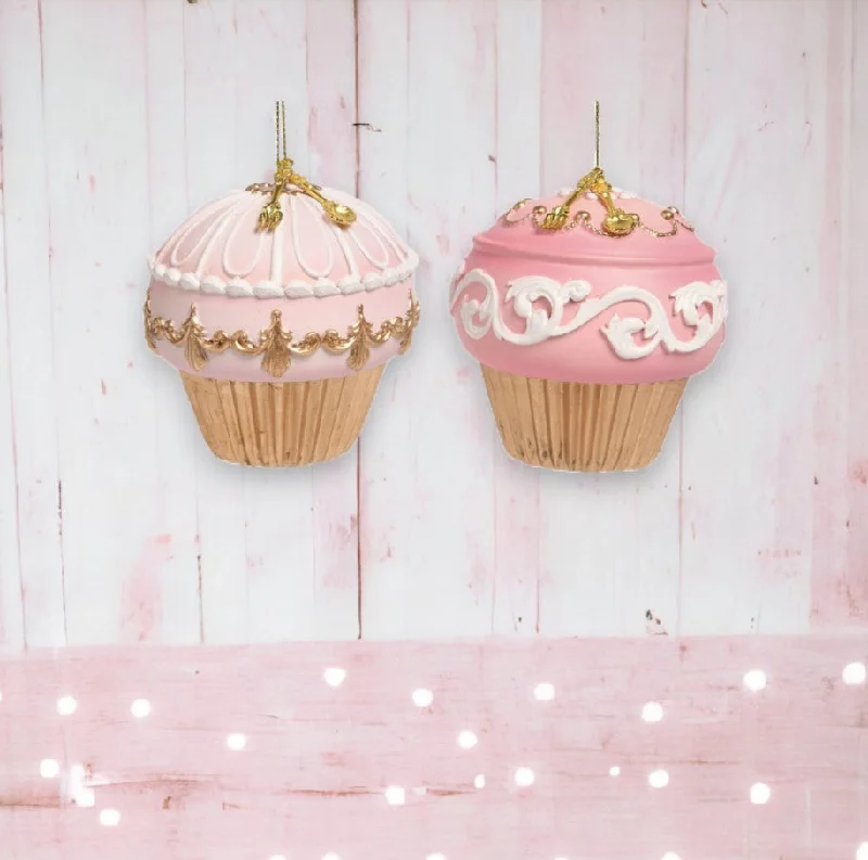 Santa Claus 3.5" Pink & Gold Cupcake Ornaments Assorted Set Of 2