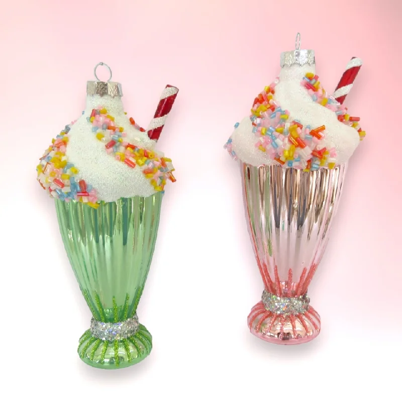 Christmas Bells 4" Pink & Green Milkshake Ornament Set Of 2