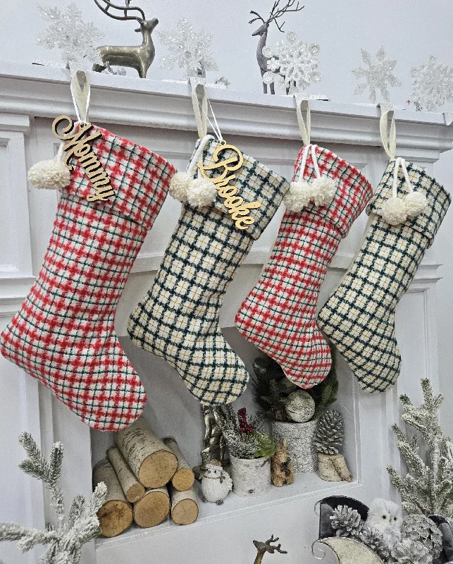 Christmas Candy Canes Plaid Flannel Christmas Stockings | Cream Red Green Gold Gingham Check with Pom Poms and Silver Accents Personalized Embroidered Name Tag Christmas Candy Canes Plaid Flannel Christmas Stockings | Cream Red Green Gold Gingham Check with Pom Poms and Silver Accents Personalized Embroidered Name Tag