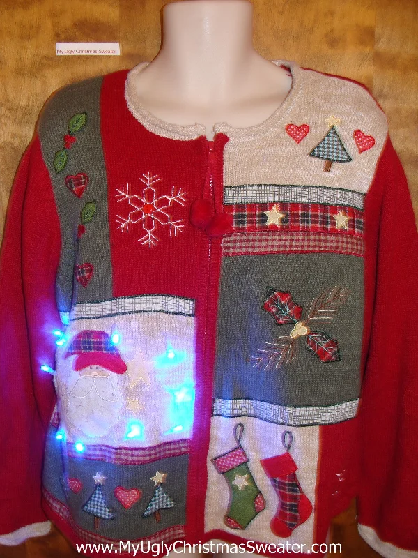 Christmas Garland Plaid Themed Red and White Cute Christmas Sweater with Lights