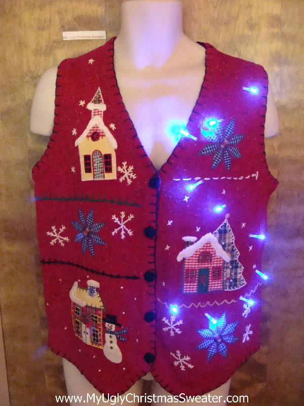 Christmas Fireplace Socks Plaid Town in the Snow Cute Christmas Sweater Vest with Lights