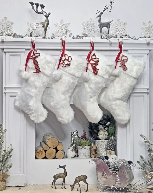 Christmas Ice Skating Plush Faux Fur Christmas Stockings with Red Laces and Pom Poms | White Festive Fun Holiday Decor Personalized Embroidered Name or Wood Tag Christmas Ice Skating Plush Faux Fur Christmas Stockings with Red Laces and Pom Poms | White Festive Fun Holiday Decor Personalized Embroidered Name or Wood Tag