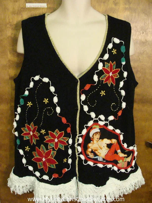 Christmas Tree Shopping Poinsettias and Pom Poms Hottie Guy Ugly Christmas Sweater Vest