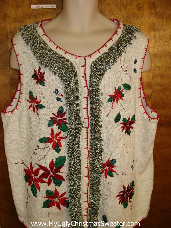 Poinsettias Ugliest Christmas Sweater Vest with Fringe