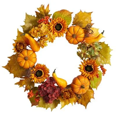 Christmas Jingle Bells 22" Autumn Hydrangea, Pumpkin and Sunflower Artificial Fall Wreath Christmas Jingle Bells 22" Autumn Hydrangea, Pumpkin and Sunflower Artificial Fall Wreath