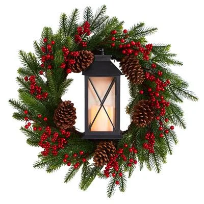 Christmas Chilly Nights 28" Berries and Pine Artificial Christmas Wreath with Lantern and Included LED Candle Christmas Chilly Nights 28" Berries and Pine Artificial Christmas Wreath with Lantern and Included LED Candle