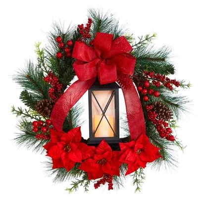 Christmas Chocolate Delights 28" Poinsettia and Berry Holiday Lantern Christmas Wreath with LED Candle Christmas Chocolate Delights 28" Poinsettia and Berry Holiday Lantern Christmas Wreath with LED Candle