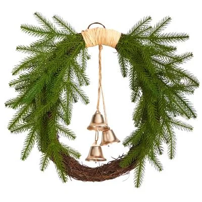 Christmas Sparkling Lights 24" Holiday Christmas Pine and Hanging Bells Wreath