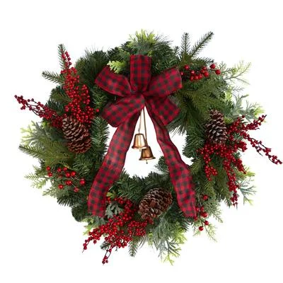 Christmas Yule Log 24" Decorated Christmas Artificial Wreath with Bow and 130 Bendable Branches Christmas Yule Log 24" Decorated Christmas Artificial Wreath with Bow and 130 Bendable Branches