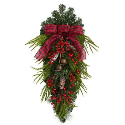 Christmas Pine Garland 24" Holiday Christmas Pine Cones, Berry and Bells Wreath