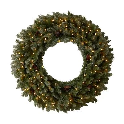Christmas Snowy Pathways 4'Large Flocked Artificial Christmas Wreath with Pinecones, 150 Clear LED Lights and 330 Bendable Branches Christmas Snowy Pathways 4'Large Flocked Artificial Christmas Wreath with Pinecones, 150 Clear LED Lights and 330 Bendable Branches