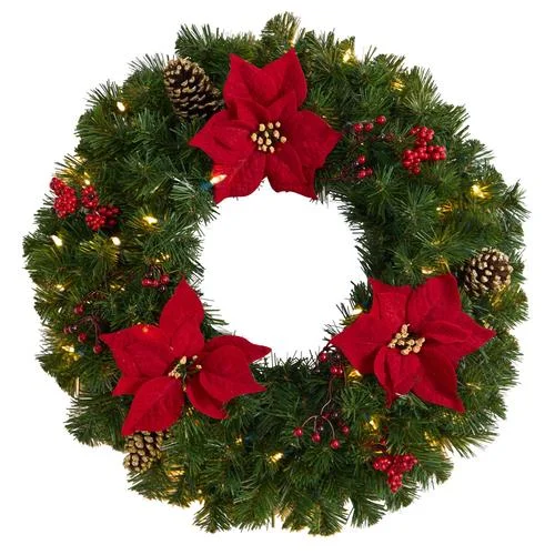 Christmas Morning 24" Poinsettia, Berry and Pinecone Artificial Wreath with 50 Warm White LED Lights Christmas Morning 24" Poinsettia, Berry and Pinecone Artificial Wreath with 50 Warm White LED Lights