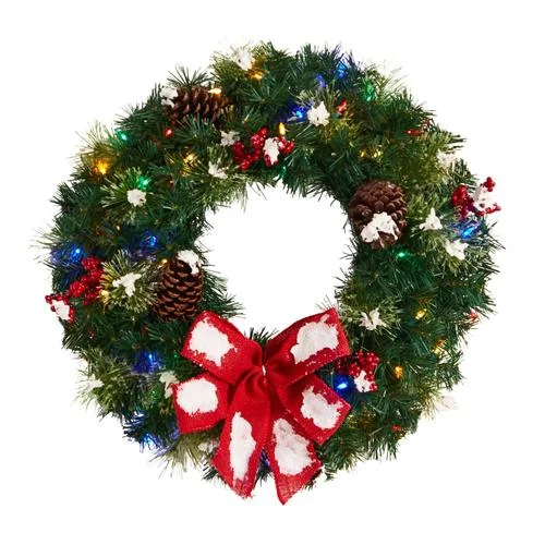 Christmas Ice Skating 24" Snow Tipped Berry and Pinecone Artificial Wreath with Bow and 50 Multi-Colored LED Lights Christmas Ice Skating 24" Snow Tipped Berry and Pinecone Artificial Wreath with Bow and 50 Multi-Colored LED Lights