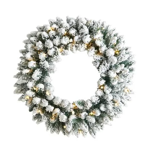 Christmas Gift Exchange 24" Flocked Artificial Christmas Wreath with 160 Bendable Branches and 35 Warm White LED Lights Christmas Gift Exchange 24" Flocked Artificial Christmas Wreath with 160 Bendable Branches and 35 Warm White LED Lights