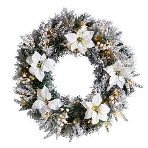 Christmas Winter Nights 24" Flocked Poinsettia and Pine Artificial Christmas Wreath with 50 Warm White LED Lights Christmas Winter Nights 24" Flocked Poinsettia and Pine Artificial Christmas Wreath with 50 Warm White LED Lights